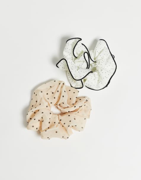 ONLY - Beige og hvid scrunchie med polkaprikker i pakke med 2 stks - view 1