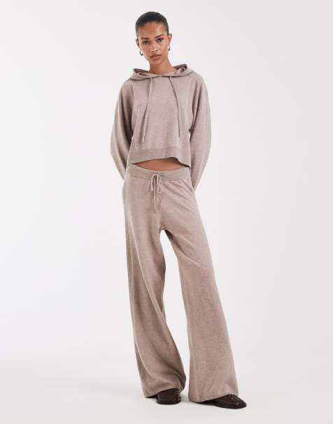 ONLY – Beige, stickat set med kort huvtröja och vida byxor - view 1