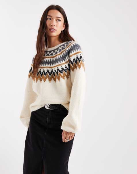 ONLY – Beige tröja med ballongärmar och fairisle-mönster - view 1