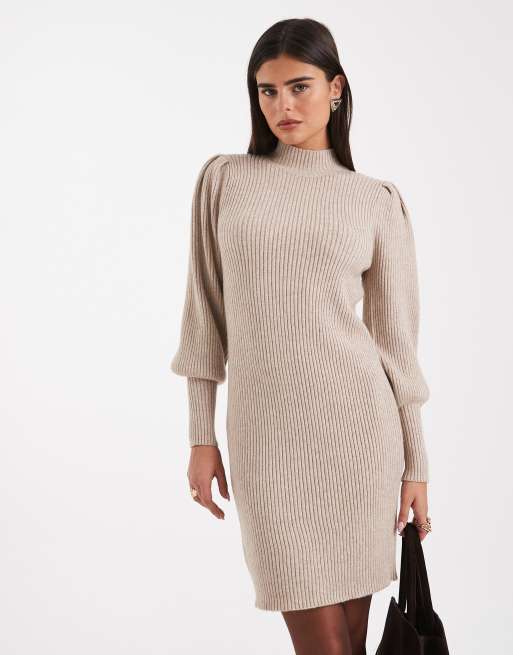 ONLY – Beige tröjklänning med hög krage och puffärmar , 4 av 4