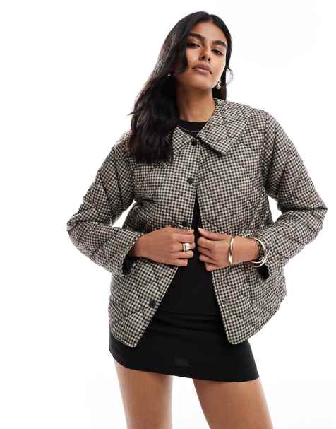 ONLY - Beige vatteret jakke med krave og gingham-tern - view 1