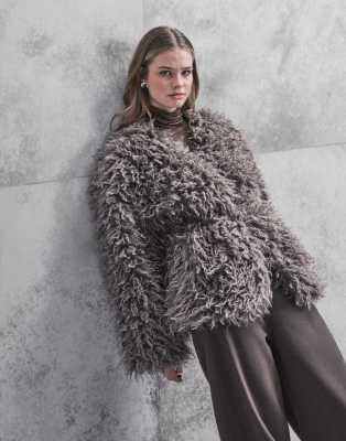 Only Belt Detail Shaggy Jacket In Multi