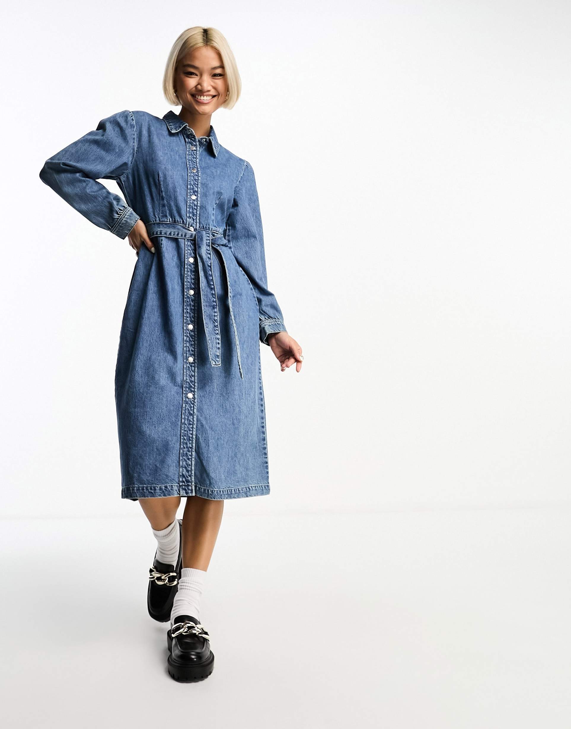 only belted denim midi dress in mid blue