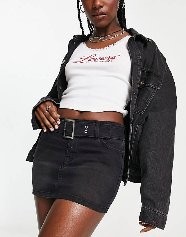 ONLY - belted denim mini skirt in washed black