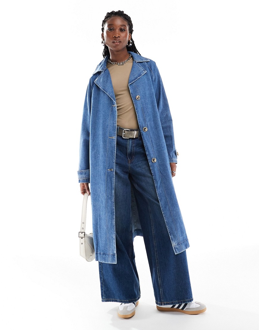 Only Belted Denim Trench Coat In Mid Wash-blue