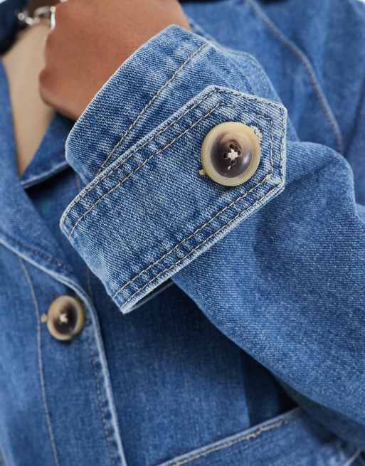 ONLY belted denim trench coat in mid wash  , 3 of 4