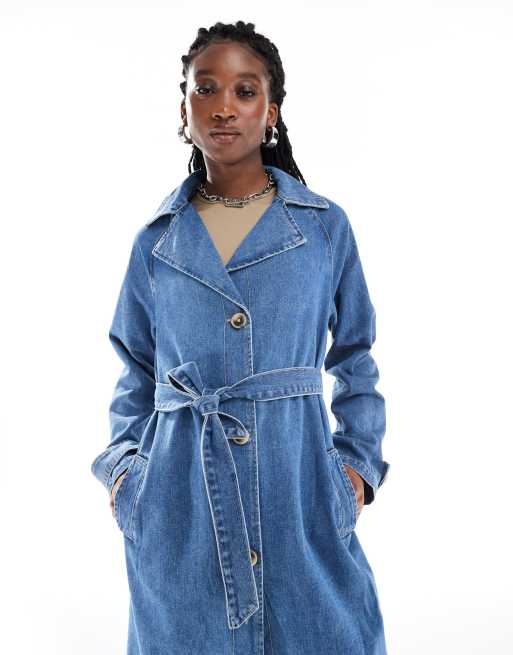 ONLY belted denim trench coat in mid wash