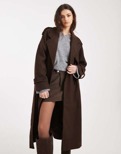 ONLY belted formal coat in chocolate brown - view 1