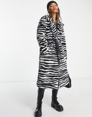 Only belted longline faux fur coat in zebra print