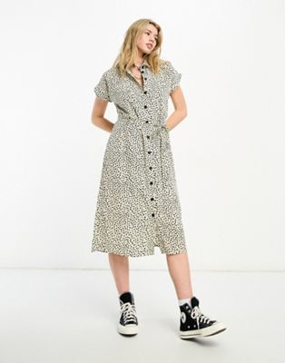 Only Belted Mini Shirt Dress In White And Black Spot