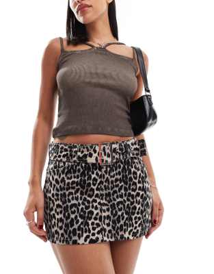 Only Belted Mini Skirt In Leopard Print-brown