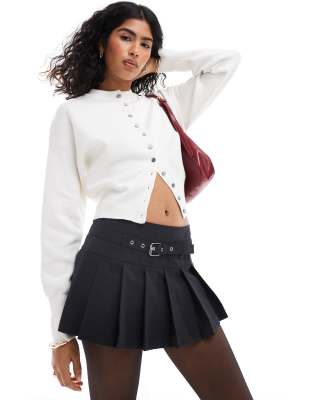 belted mini skort in charcoal check-Gray