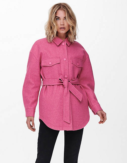 Only belted shacket in bright pink 