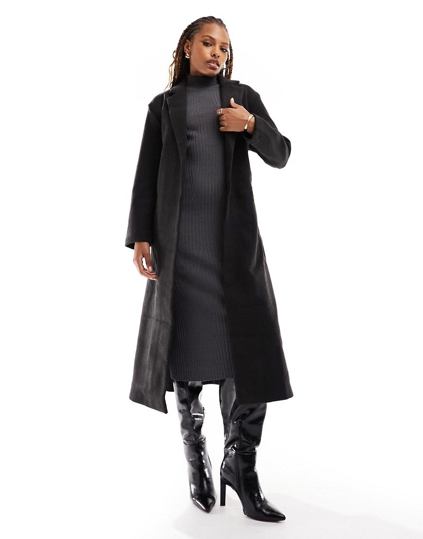 Only belted tailored wool look coat in dark grey melange