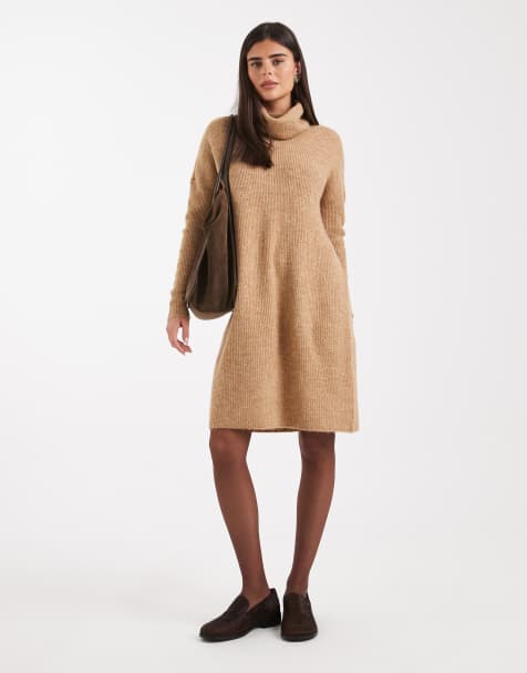 ONLY roll neck knitted mini jumper dress in beige  