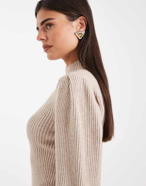 Only – Beżowa dzianinowa sukienka z golfem i bufkami , 2 z 4