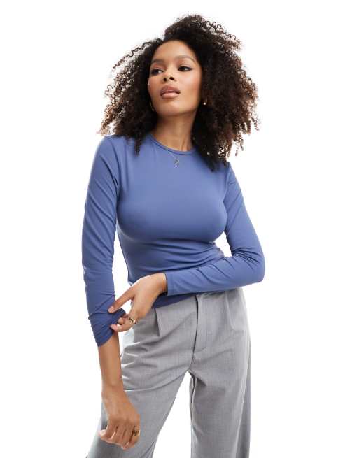 ONLY – Bezszwowy top z długimi rękawami w kolorze indygo w stylu vintage