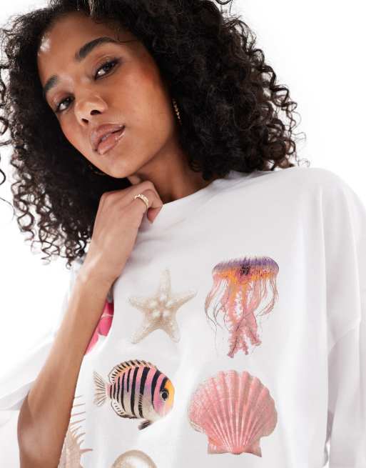 Only – Biały krótki T-shirt z grafiką z muszlami | ASOS