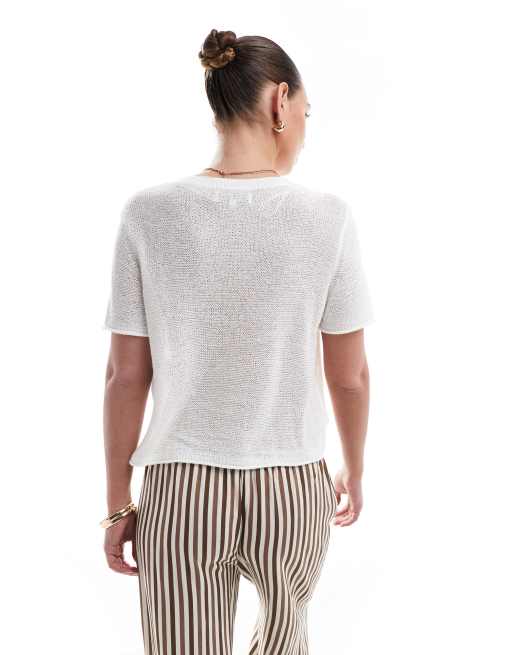 ONLY – Biały, lekki T-shirt z ażurowej dzianiny, 3 z 4