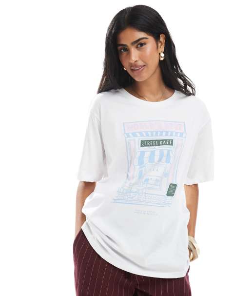 ONLY – Biały T-shirt o fasonie boyfriend z grafiką z kafejką - view 1