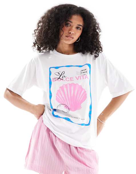 Only – Biały T-shirt o fasonie boyfriend z nadrukiem „Dolce Vita” - view 1
