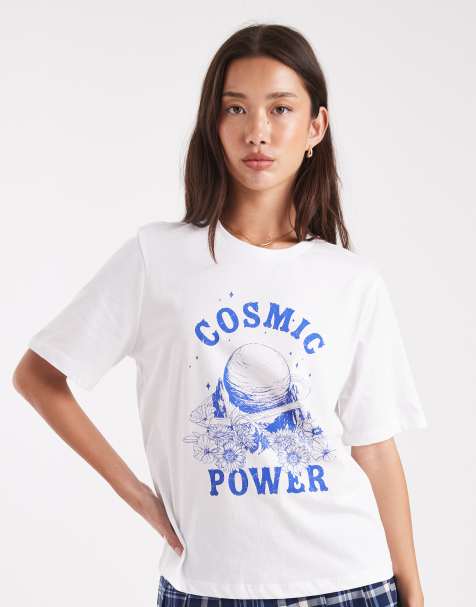 ONLY – Biały T-shirt o pudełkowym kroju z grafiką z napisem „Cosmic Power” - view 1