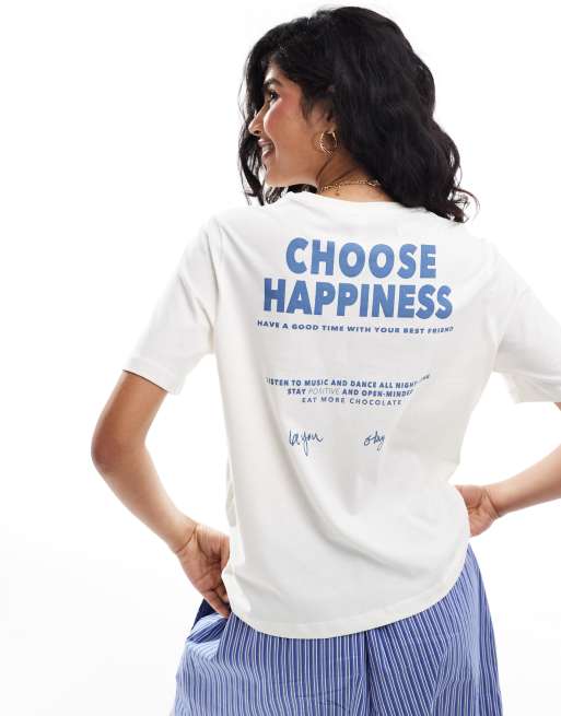 ONLY – Biały T-shirt o pudełkowym kroju z napisem „Choose Happiness” na plecach  