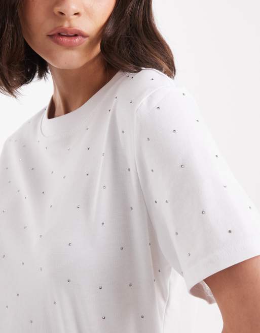 ONLY – Biały T-shirt o pudełkowym kroju ze strasami, 2 z 4