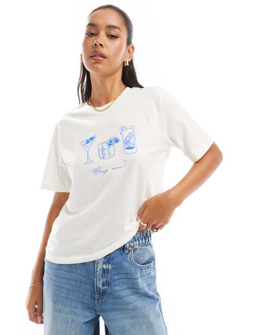 Only – Biały T-shirt o regularnym kroju z grafiką z koktajlami 