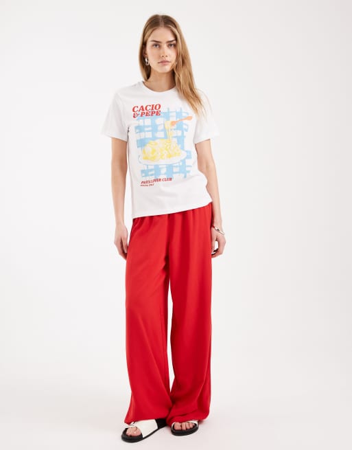 ONLY – Biały T-shirt o regularnym kroju z nadrukiem z makaronem, 4 z 4