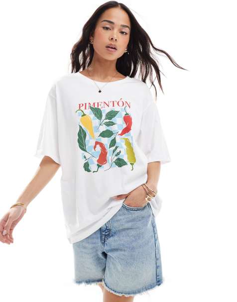 ONLY – Biały T-shirt oversize z grafiką z papryczkami chilli - view 1