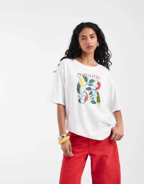 ONLY – Biały T-shirt oversize z grafiką z papryczkami chilli - view 1
