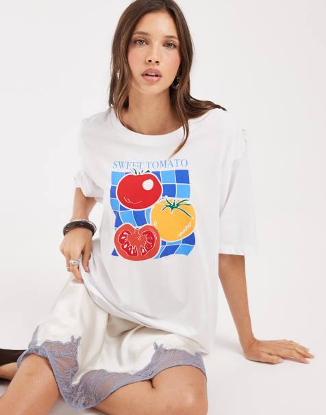 ONLY – Biały T-shirt oversize z nadrukiem z pomidorami - view 1