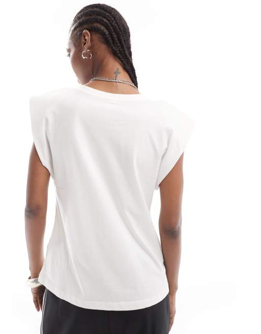 Only – Biały T-shirt z dekoltem w szpic i poduszkami na ramionach , 4 z 4