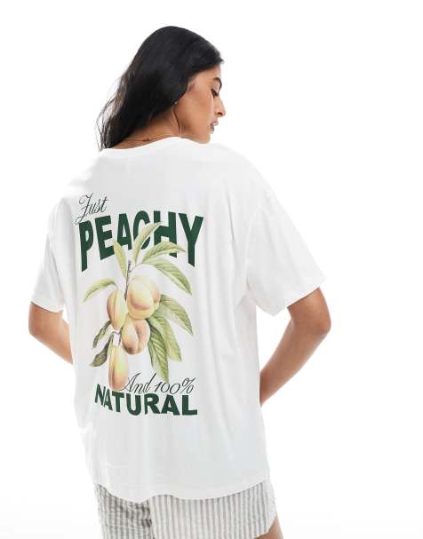 ONLY – Biały T-shirt z nadrukiem brzoskwini i napisem „Peachy” na plecach - view 1