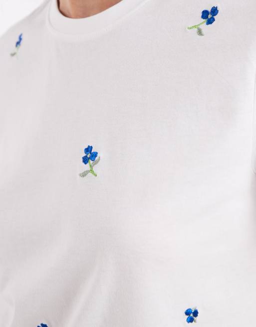ONLY – Biały T-shirt z okrągłym dekoltem i haftowanym wzorem w kwiaty, 4 z 4
