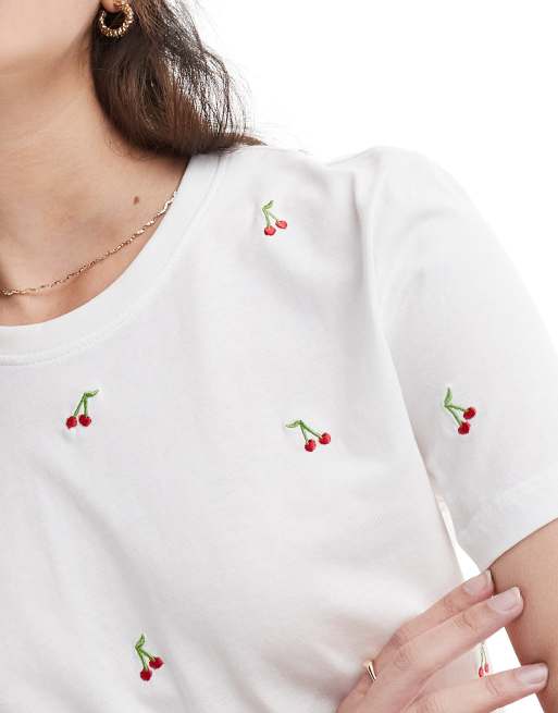 ONLY – Biały T-shirt z okrągłym dekoltem i haftowanym wzorem w wisienki , 4 z 4