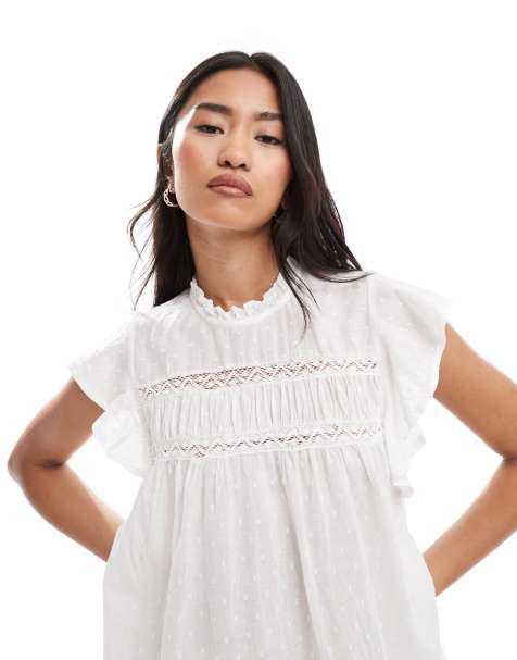 Only – Biały top z tkaniny dobby z rękawami z falbanką - view 1