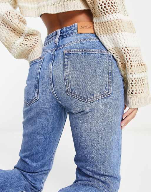 Billie Jeans - High Waisted Cotton Distressed Mom Denim Jeans in Mid Blue  Wash