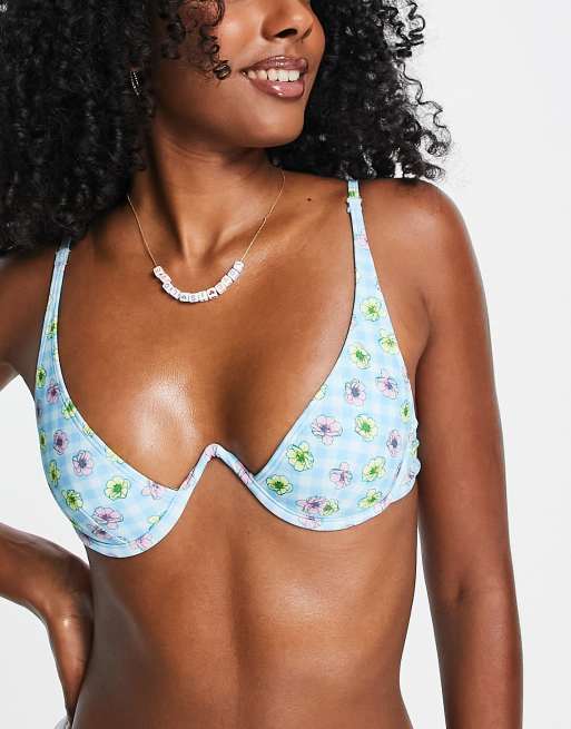 Only - Blåt bikinisæt med bøjle, blomstermønster og gingham, 2 af 2