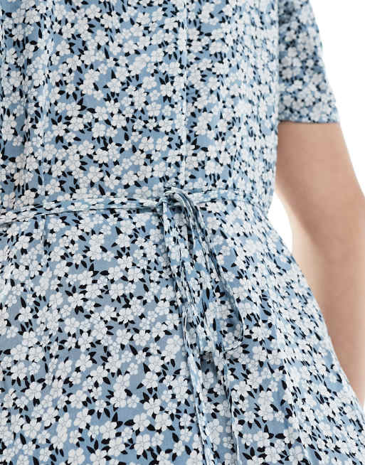 Only – Blå blommig miniklänning med v-ringning och knytning i midjan , 3 av 4