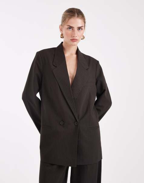 ONLY - Blazer doppiopetto oversize marrone gessato in coordinato - view 1
