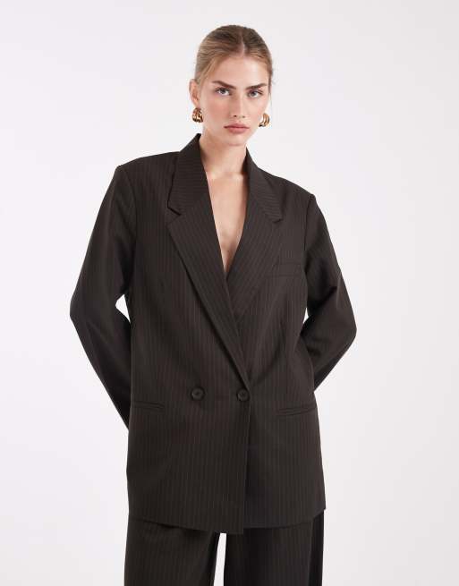 ONLY - Blazer doppiopetto oversize marrone gessato in coordinato