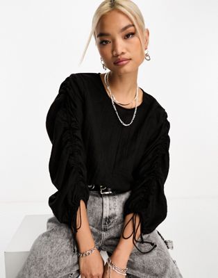 Only cropped blouse with ruche sleeves in black - ASOS Price Checker