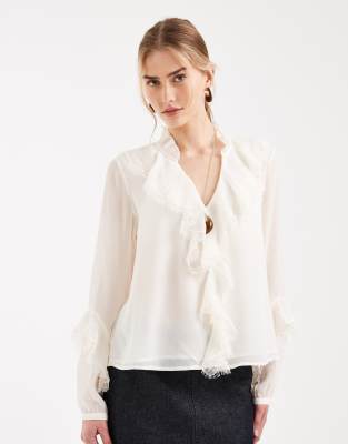 Blouse style bohème à détails volantés - Crème-Blanc 38