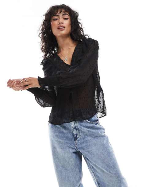 ONLY - Blouse transparente texturée à col en V - Noir - view 1