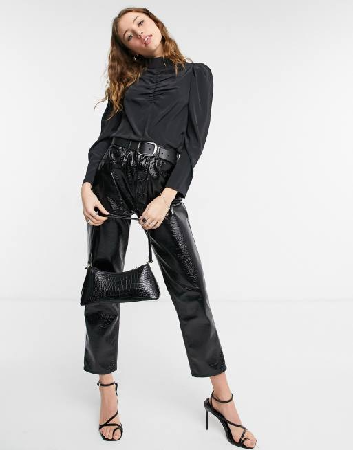 Only blouse with high neck and ruched front in black | ASOS