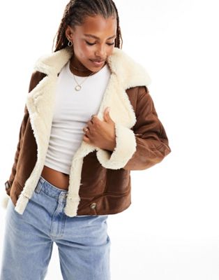 Only faux shearling aviator jacket in brown - ASOS Price Checker