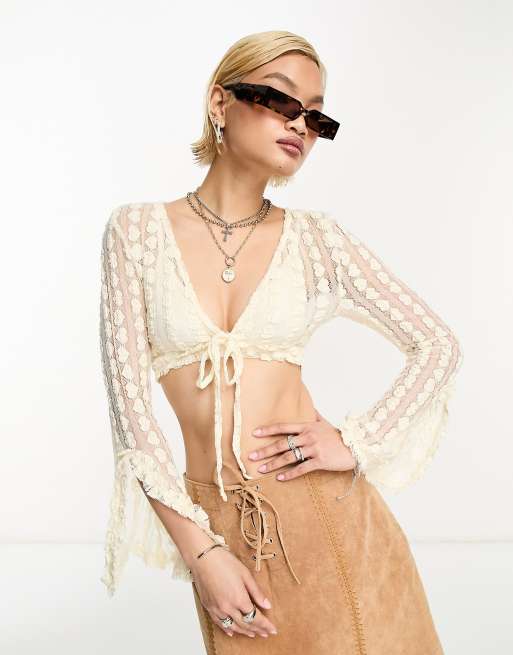 Only - Blusa corta color crema testurizzato con spacco sulla manica