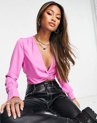 Only hammered satin twist front cropped blouse in bright pink - ASOS Price Checker